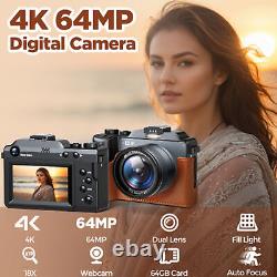 Appareil photo numérique 4K à double objectif Caméscope vidéo 64MP Zoom 18X avec flash Cadeau 64 Go