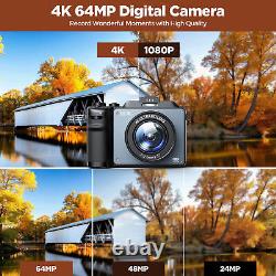 Appareil photo numérique 4K à double objectif Caméscope vidéo 64MP Zoom 18X avec flash Cadeau 64 Go