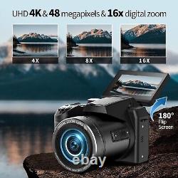 Appareils photo numériques 4K 64MP avec écran flip 16X WIFI avec microphone trépied pour YouTube