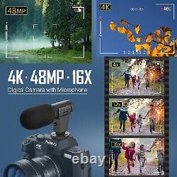 Caméras numériques 4K 48MP avec microphone, trépied et poignée WiFi pour YouTube.